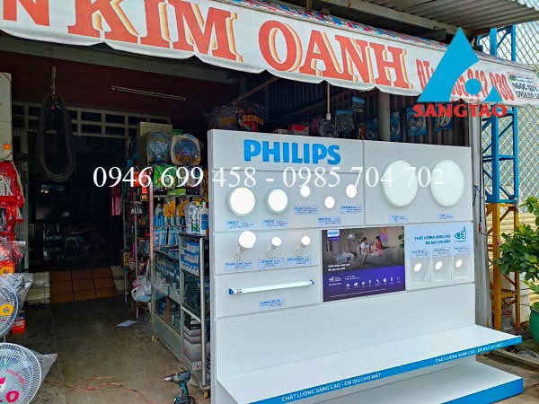 Thiết kế thi công quầy tủ kệ quảng cáo - Quầy tủ kệ trưng bày đèn Philips Kim Oanh