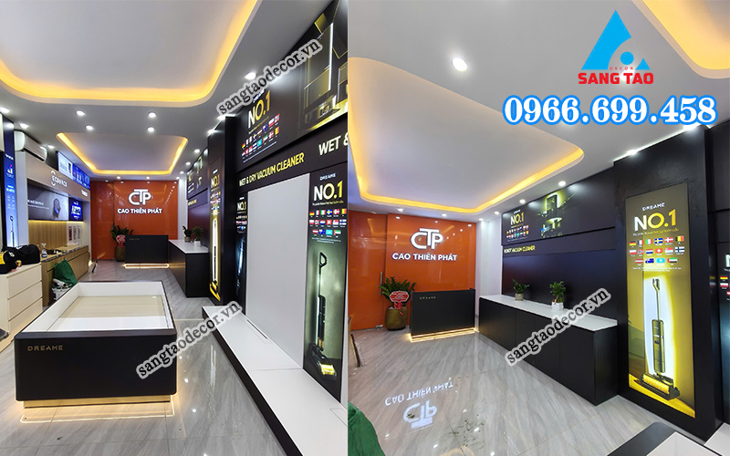 Chi tiết thi công nội thất showroom Dreame với hệ tủ kệ tối giản và tranh điện, một giải pháp thiết kế showroom hiện đại và đẳng cấp.