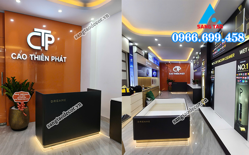 Không gian sang trọng bên trong showroom sau khi thi công, nổi bật với hạng mục thi công nội thất showroom như quầy kệ và vách logo.