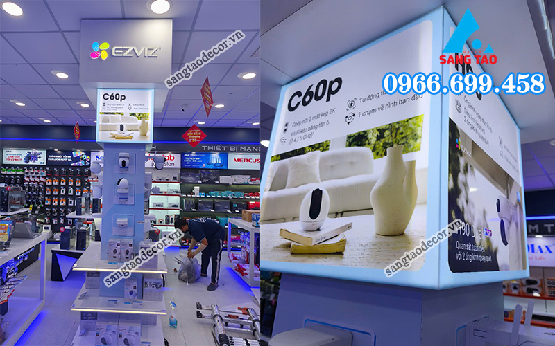 Giải pháp thiết kế showroom thông minh, tích hợp đèn LED và lightbox vào cột trưng bày trong quá trình thi công nội thất showroom EZVIZ.