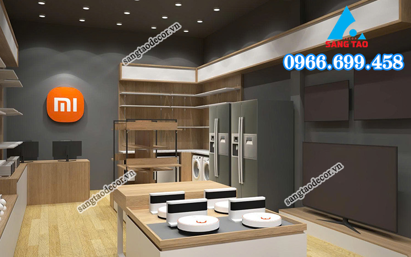 Chi tiết thi công nội thất showroom với đảo trưng bày sản phẩm robot hút bụi ở trung tâm, giúp tối ưu trải nghiệm khách hàng.