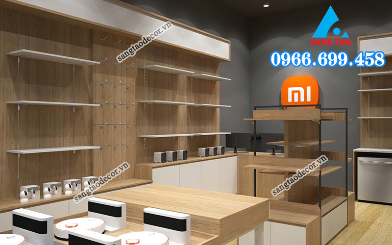 Hệ thống kệ trưng bày được thi công tỉ mỉ để phù hợp với hệ sinh thái sản phẩm đa dạng trong dự án thi công showroom Bigmi.