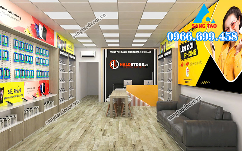 Không gian bên trong sau khi thi công nội thất showroom Halo Store tại Bình Phước, với thiết kế sàn gỗ và bố cục khoa học, chuyên nghiệp.