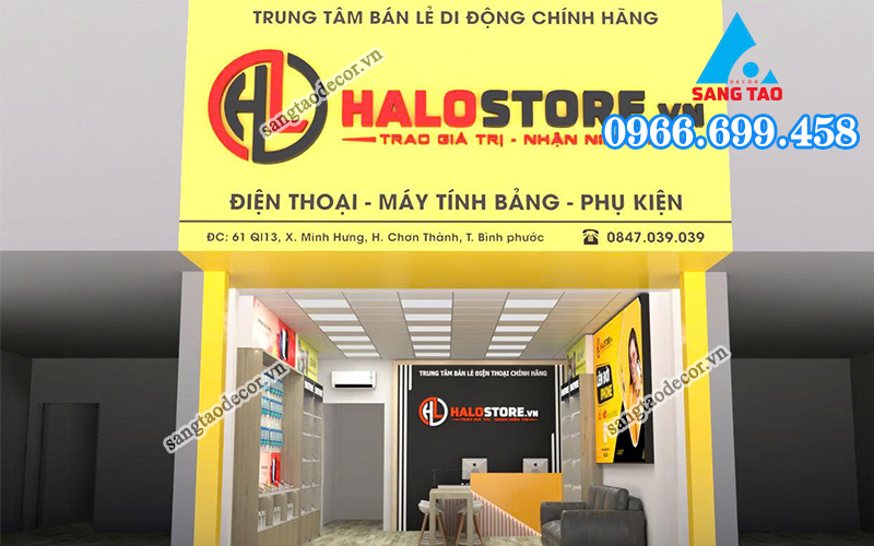 Dự án thi công trọn gói showroom Halo Store Bình Phước, với phần mặt tiền và bảng hiệu được thiết kế màu vàng nổi bật để thu hút khách hàng.