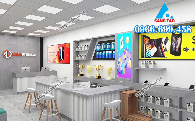 Giải pháp thiết kế khu vực chờ cho khách hàng, một phần quan trọng trong quá trình thi công showroom Halo Store để tăng trải nghiệm người dùng.