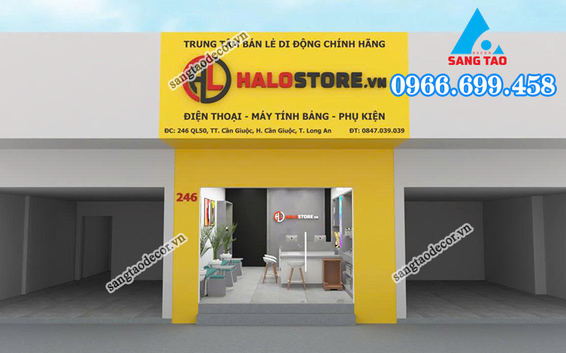 Dự án thi công trọn gói showroom Halo Store Long An, nổi bật với phong cách thiết kế showroom công nghiệp sử dụng vật liệu hiệu ứng bê tông.