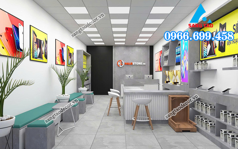 Không gian mở được tối ưu qua việc thi công nội thất showroom thông minh, một ví dụ về thiết kế showroom điện thoại hiện đại và trẻ trung.