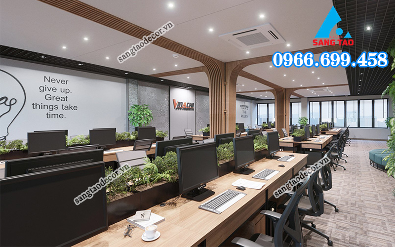 thi công nội thất văn phòng khu vực nhân viên làm việc chung